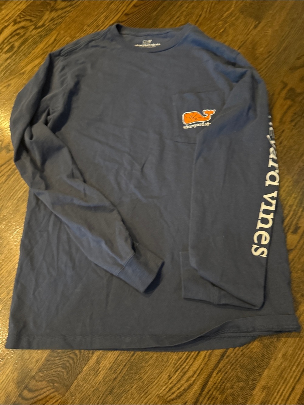 Vineyard Vines Navy Long Sleeve Whale Pocket Tee with Orange basketball Logo